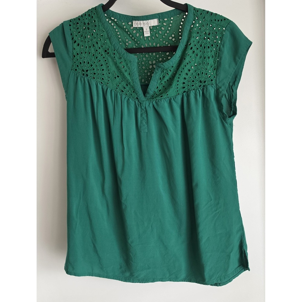 Pale Sky Women Sleeveless Blouse Size S Green Solid Split Neck Top Boho